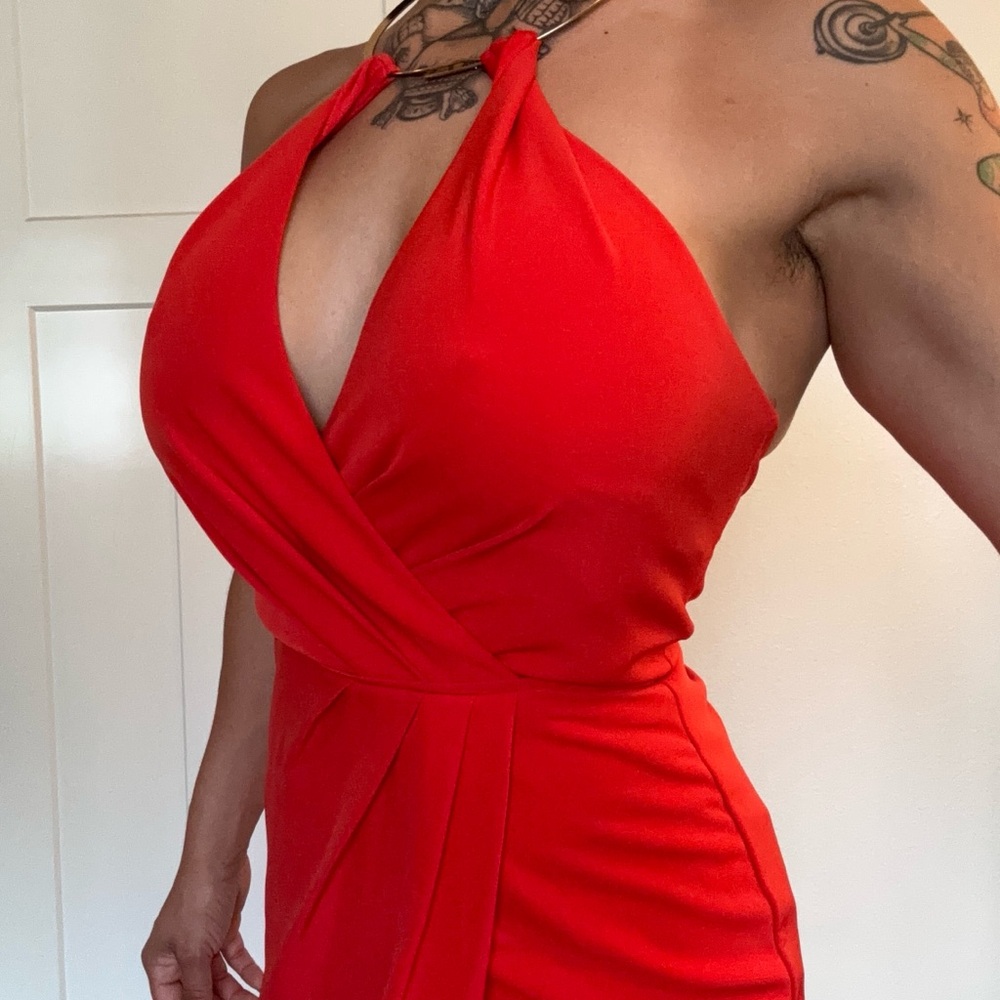 Red & Gold Backless Halter Dress